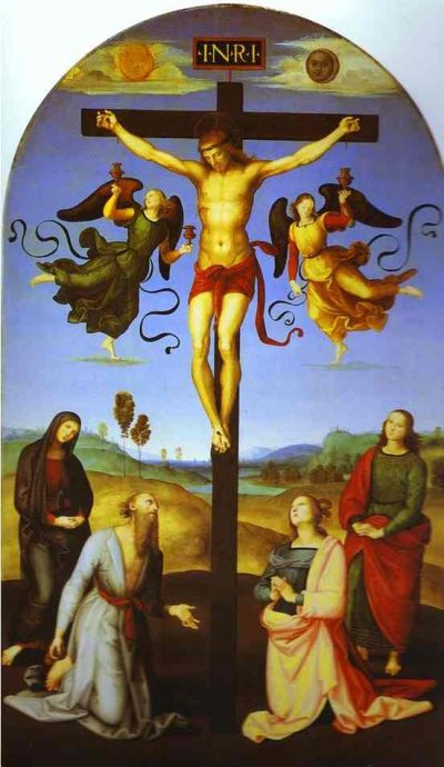 La Crucifixión con Santa María Virgen, María Magdalena, Juan y Jerónimo - Raffaello Sanzio
